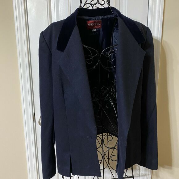 VTG SASSON Deep Navy Wool Blend Blazer Velvet Collar Single Breasted Sz 12/13 - Picture 5 of 10